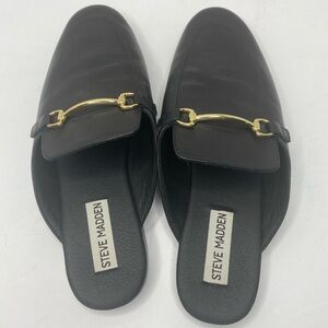 Steve Madden Black Leather Mules with Gold Horsebit